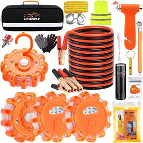 Car Emergency Roadside Kit, with Led Road Flares, Jump Cables, Towing Rope, Winter Car Safety Kit Roadside Emergency Kit for Car 50pcs