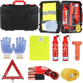 أدوات أمان السيارة في حالات الطوارئ على جانب الطريق، أدوات مساعدة السيارات مع عبوتين من طفايات الحريق، كابلات توصيل، مطرقة أمان، مثلث تحذير عاكس، حبل سحب، صندوق تخزين 7 في 1 in Kuwait