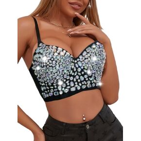 Aukmla Women Sparkly Rhinestone Push up Bustier Crop Top Crystal Nightclub Corset Top Bra Party Clubwear