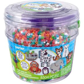 Perler 80-42993 Day at The Zoo Fused Bead Activity Bucket with Pegboards and 14 Patterns, Multicolor, 8504 Pieces