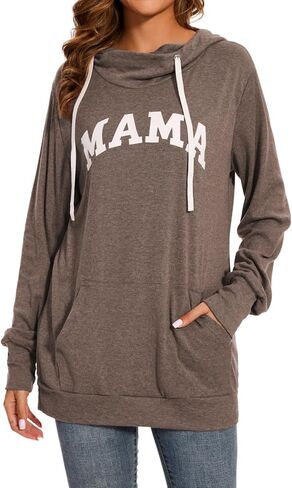 KAKALOT Women's Mama Bear Print Cowl Neck Hooded Sweatshirt Drawstring Pullover Top in Kuwait
