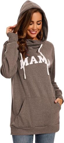 KAKALOT Women's Mama Bear Print Cowl Neck Hooded Sweatshirt Drawstring Pullover Top in Kuwait