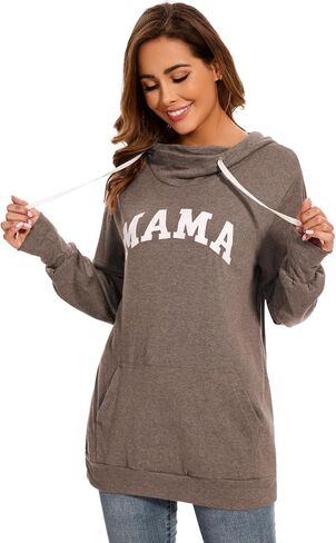 KAKALOT Women's Mama Bear Print Cowl Neck Hooded Sweatshirt Drawstring Pullover Top in Kuwait