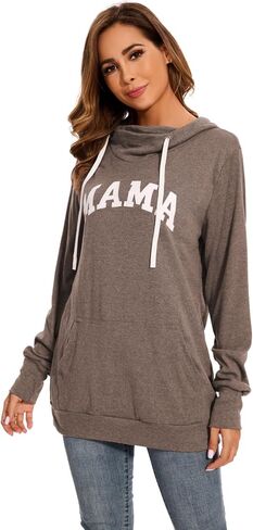 KAKALOT Women's Mama Bear Print Cowl Neck Hooded Sweatshirt Drawstring Pullover Top in Kuwait