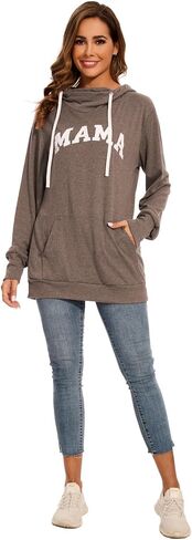KAKALOT Women's Mama Bear Print Cowl Neck Hooded Sweatshirt Drawstring Pullover Top in Kuwait