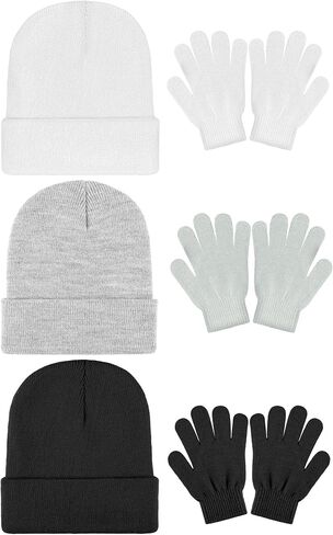 Cooraby 6 Pack Kid's Winter Beanies Hat Full Fingers Gloves Set Skull Winter Caps Stretchy Gloves for Boys Girls in Kuwait