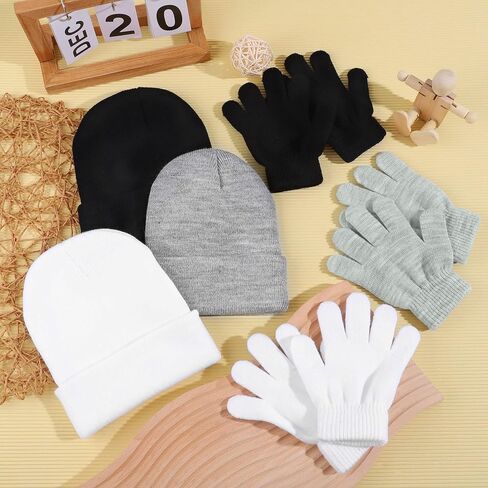 Cooraby 6 Pack Kid's Winter Beanies Hat Full Fingers Gloves Set Skull Winter Caps Stretchy Gloves for Boys Girls in Kuwait