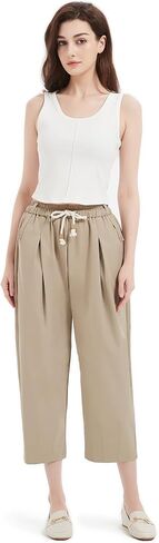 Womens Pants Elastic Waist Drawstring Pants Stretch Cropped Pants Loose Capri Sweatpants with Pockets in Kuwait