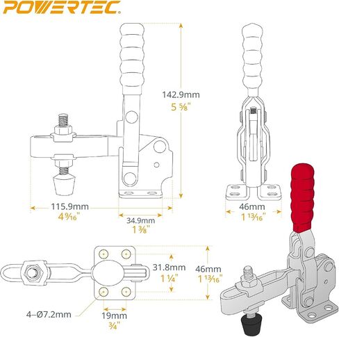 POWERTEC 2PK Toggle Clamp, 500 lbs Holding Capacity, 12130 Quick Release Vertical Clamps w/Antislip Rubber Pressure Tip for Woodworking Jigs and Fixtures, Welding, Drill Press, Crosscut Sled (20335) in Saudi Arabia