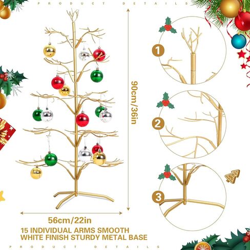 Liliful Christmas Metal Ornament Display Tree and Jewelry Organizer, 36 Inches Wire Ornament Stand Wrought Metal Christmas Tree Ornament Holder with 5 Tiers of Branches for Necklace Accessory, Gold in Saudi Arabia