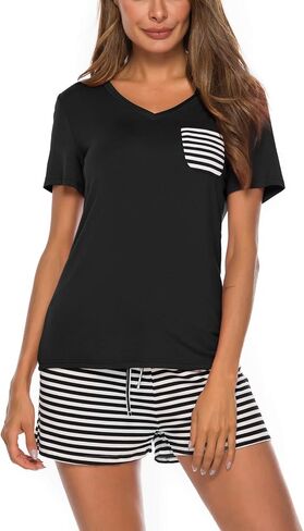 Women 2 pc Pajama Set Short Sleeve V Neck Top Pants Sleepwear Pj Sets in Saudi Arabia