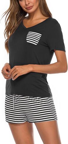 Women 2 pc Pajama Set Short Sleeve V Neck Top Pants Sleepwear Pj Sets in Saudi Arabia