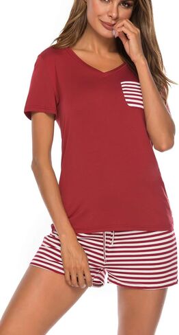 Women 2 pc Pajama Set Short Sleeve V Neck Top Pants Sleepwear Pj Sets in Saudi Arabia