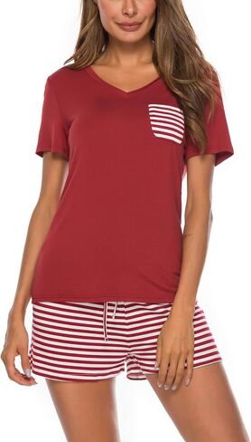 Women 2 pc Pajama Set Short Sleeve V Neck Top Pants Sleepwear Pj Sets in Saudi Arabia