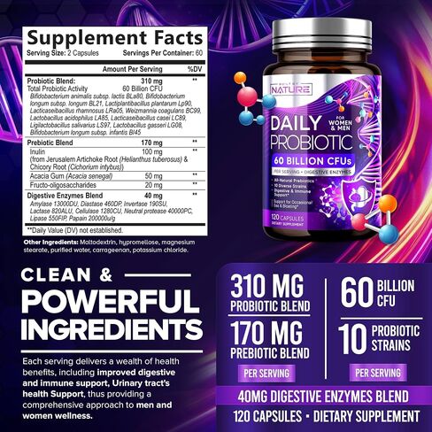 تم تصنيعه بواسطة Nature Probiotic - 60 مليار وحدة تشكيل مستعمرة مع 10 سلالات، بالإضافة إلى 8 إنزيمات هضمية متنوعة و4 مصادر لألياف البريبايوتك - مكمل بروبيوتيك يومي للرجال والنساء - 60 كبسولة in Kuwait