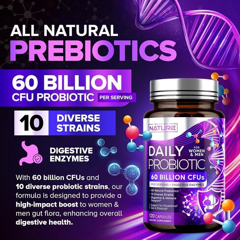 تم تصنيعه بواسطة Nature Probiotic - 60 مليار وحدة تشكيل مستعمرة مع 10 سلالات، بالإضافة إلى 8 إنزيمات هضمية متنوعة و4 مصادر لألياف البريبايوتك - مكمل بروبيوتيك يومي للرجال والنساء - 60 كبسولة in Kuwait