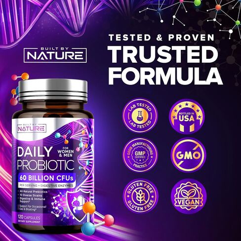 تم تصنيعه بواسطة Nature Probiotic - 60 مليار وحدة تشكيل مستعمرة مع 10 سلالات، بالإضافة إلى 8 إنزيمات هضمية متنوعة و4 مصادر لألياف البريبايوتك - مكمل بروبيوتيك يومي للرجال والنساء - 60 كبسولة in Kuwait