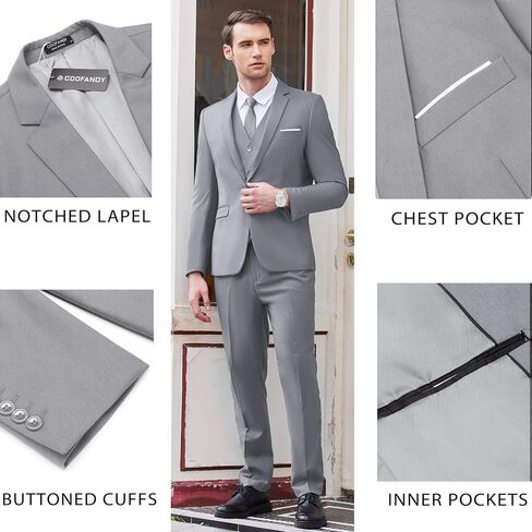 COOFANDY Men's 3 Piece Slim Fit Suit Set One Button Jacket Blazer Vest Pants Set Wedding Formal Prom Tuxedo Suits in Saudi Arabia