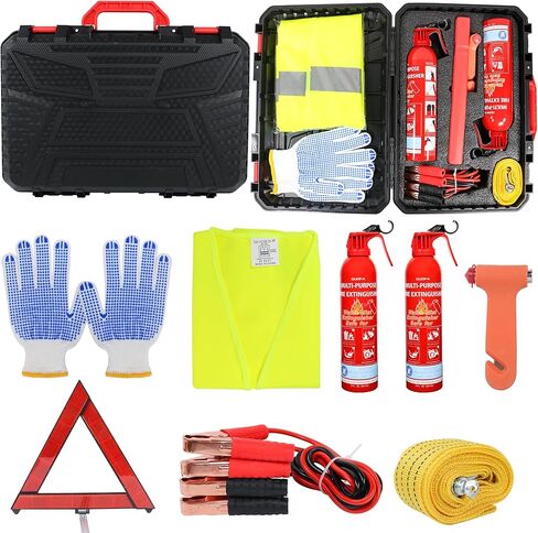 أدوات أمان السيارة في حالات الطوارئ على جانب الطريق، أدوات مساعدة السيارات مع عبوتين من طفايات الحريق، كابلات توصيل، مطرقة أمان، مثلث تحذير عاكس، حبل سحب، صندوق تخزين 7 في 1 in Kuwait