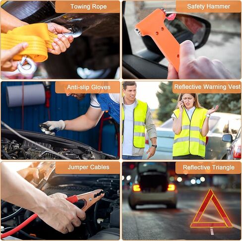 أدوات أمان السيارة في حالات الطوارئ على جانب الطريق، أدوات مساعدة السيارات مع عبوتين من طفايات الحريق، كابلات توصيل، مطرقة أمان، مثلث تحذير عاكس، حبل سحب، صندوق تخزين 7 في 1 in Kuwait
