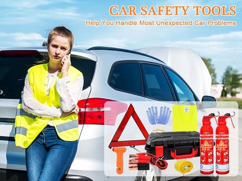 أدوات أمان السيارة في حالات الطوارئ على جانب الطريق، أدوات مساعدة السيارات مع عبوتين من طفايات الحريق، كابلات توصيل، مطرقة أمان، مثلث تحذير عاكس، حبل سحب، صندوق تخزين 7 في 1 in Kuwait