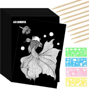 60 Sheets Scratch Paper Art Set, Scratch Off Paper Black Coated Scratchboard Craft Kits, Laser Scratch Paper, Scratch Art Paper for Adult Kids(11.4"x8.1")