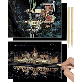 Scratch Paper Art Kits for Adults Rainbow Scratch Painting 4 Pcs 16" x 11.2" Scratchboard Art DIY Craft Sydney Opera House Singapore Night View for Gift Decor and Relaxation