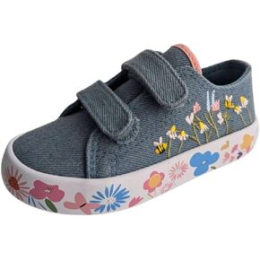 Toddler Boys and Girls Flowers and Bees Embroidery Low Top Hook and Loop Strap School Walking Sneakers