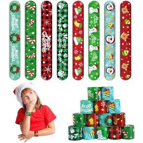 CCINEE 48Pcs Christmas Slap Bracelets，Xmas Slap Wristbands Assorted Christmas Theme Pattern Snap Wristbands for Kids Christmas Party Favors Gift Bag Filler