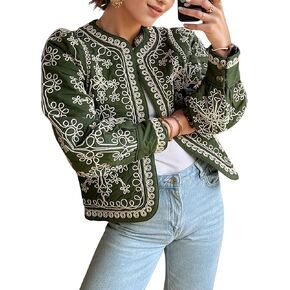 COZYPOIN Women's Floral Quilted Jacket Short Front Open Print Long Sleeve Lightweight Coat