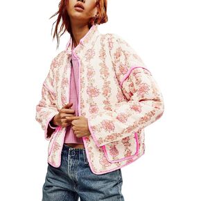 Tankaneo Womens Quilted Lightweight Jackets Floral Print Winter Coats Open Front Cardigan with Pockets