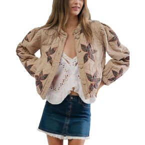 Women's Cropped Floral Quilted Puffer Jackets 3D Printed Lightweight Button Padded Coats with Pockets
