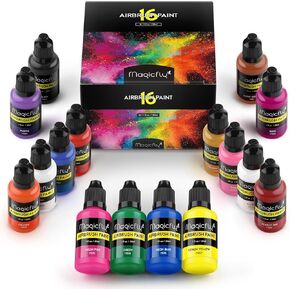 Magicfly Airbrush Paint, 16 Colors Acrylic Airbrush Paint Set (30 ml/1 oz), Ready to Spray, Opaque & Neon Colors, Water-based, Premium Airbrush Paint Kit for Beginners, Hobbyist and Artists