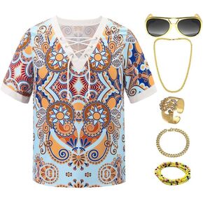 Mainfini Men's 70s Hippie Costume 60s Disco Outfit V-Neck Drawstring Printed T-Shirt Theme Party (S-2XL)