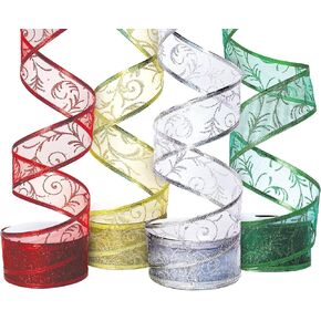 Christmas Ribbon Wired 1.5 Inch Set of 4 Ribbon Wire Red, Green, Gold, Silver/White Sheer Organza Glitter Gift, Xmas Ribbons Decoration, Holiday Craft, Gifts Wrap 40 Yards / 10 Yard Ea. Roll
