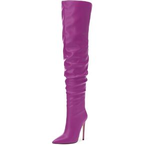 JUSTDANNI Women's Thigh High Boots Over The Knee Slouchy Boots with Pointed Toe High Stiletto Heels Pull On Fall Dress Boots for Party Shopping Daily Wear