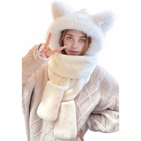 LATTEMARMALATTE Cute Cat Ears Winter Hat with Plush Scarf & Gloves, Girls' 3-in-1 Warm Set, Cozy and Windproof