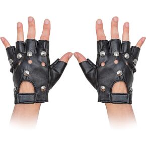 Skeleteen Gothic Fingerless Biker Gloves - 80s Style Black Leather Punk Biker Gloves for Men Women and Kids