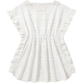OYOANGLE Girl's Geo Pattern Ruffle Trim Mesh Cover Up Top V Neck Dolman Sleeve Ruched Sheer Beachwear