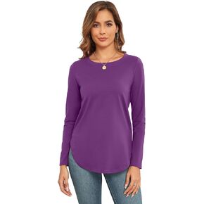 Qaffier Women's Tunic Tops Long Sleeve Shirts for Women Crew Neck Side Split Loose Fit Blouses T-Shirts