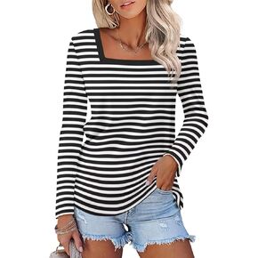 Women's Long Sleeve Shirts Striped Square Neck Tops Casual Tees Shirts Basic Blouses