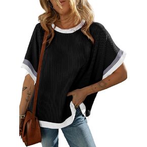 Acelitt Women Casual Short Sleeve Crewneck Loose Color Block Ribbed T Shirts Tops, S-XXL