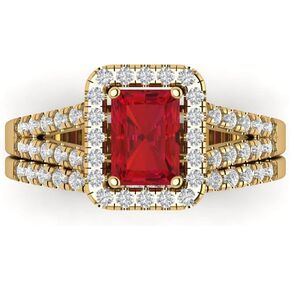 Clara Pucci 1.57ct Emerald Round Cut Pave Halo Split Shank Solitaire W/Accent Red Ruby Statement Bridal Ring Band Set 14k Yellow Gold