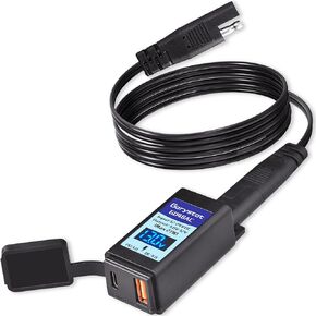Motorcycle USB-C Charger, Garystat SAE to USB Adapter, 27W Dual Port USB Fast Charger with Voltmeter/Ammeter & Waterproof Cover & ON/Off Switch, Perfect for Charging Phone, Tablet, GPS etc
