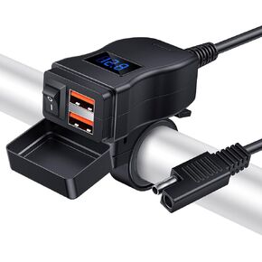 Motorcycle USB Charger(38W), 6.4A USB Type C 2-IN-1 Motorcycle Phone Charger Port, SAE to USB Adapter with ON/Off Switch and LED Voltage Monitor, Suitable for Dirt Bike, ATV (Blue)