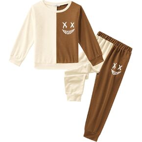 Arshiner Boys Cartoon Face Print Two Tone Crewneck Sweatshirt and Pants Set Tracksuits Outfits Size (2T - 7-8)