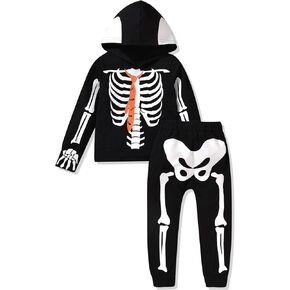 fioukiay Toddler Boys Halloween Outfit Clothes Little Kids Skeleton Hoodie Pants Set Black Long Sleeve Clothing Set