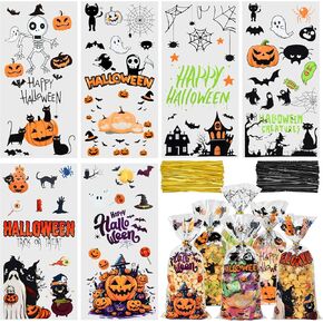 Twavang 150 Pcs Halloween Cellophane Treat Bags, Halloween Trick or Treat Goodie Bags with 170 Pcs Twists for Snacks Cookies Packing (10.8 x 4.9 inches)
