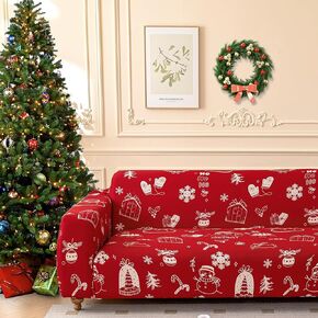 Anibedding Christmas Stretch Red Sofa Slipcover - Gold Reindeer Loveseat Seat Cover for 2 Cushion Couch Sofa, Xmas Themed Elastic Universal Chair Furniture Protector for Xmas Home Decor (Loveseat)