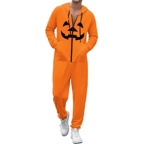 Ekouaer Halloween Onesie Adult Hooded Zipper Mens 0nesie Pajamas Soft One Piece Pajamas for Men with Pocket
